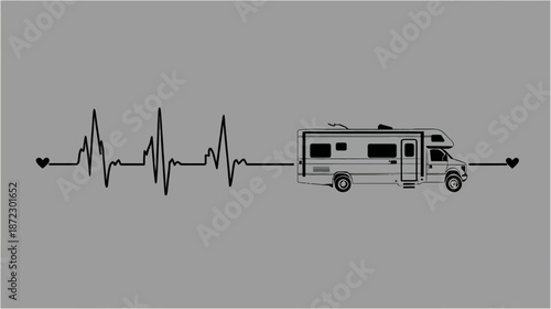 RV Motorhome Heartbeat Graphic Design. ECG Line Art Symbolizing Passion for Road Trips, Camping, and Recreational Travel.