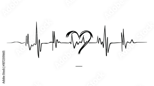 Heartbeat line with hand-drawn heart symbol, black ECG pulse rhythm on white background, medical health and love concept