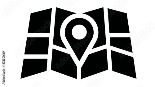 Black icon of a folded map with a prominent location pin. Represents navigation, travel, destination, and geographical search.