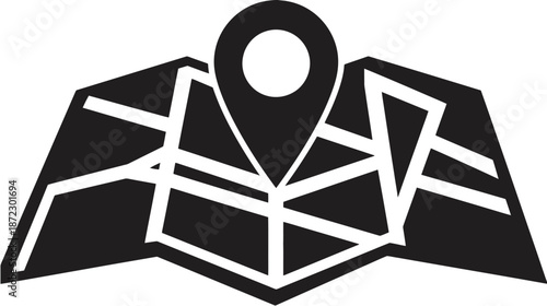 Location pin on a folded map icon. GPS navigation, travel planning, destination search, and point of interest symbol.