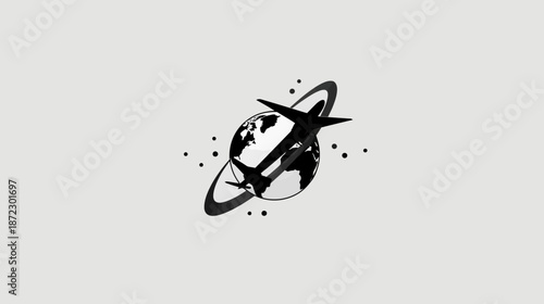 Global Aviation Travel Concept Icon: Airplanes Orbiting Earth with Rings. International Flight Journey Illustration.