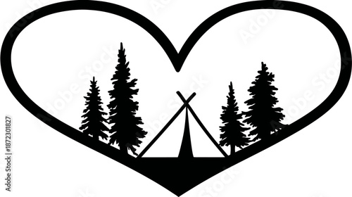 Heart-shaped forest silhouette with pine trees and camping teepee, symbolizing love for nature, outdoor adventure, and wilderness.
