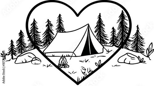 Heart Shaped Camping Scene Line Art Illustration - Nature Adventure Tent & Forest Outdoors Design