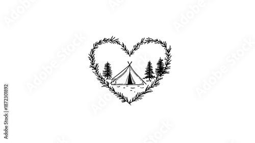 Love camping and nature hand-drawn illustration. Rustic tent in a forest scene framed by a heart-shaped wreath of leaves.