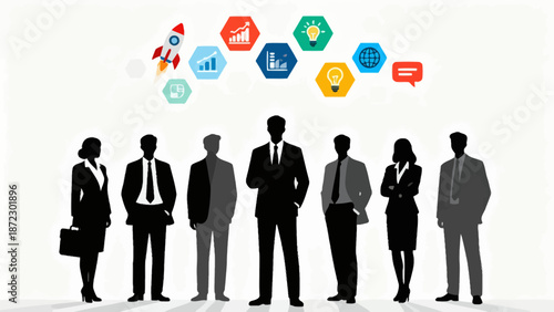 Business team with icons above