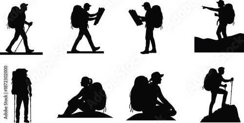 Hiking silhouettes with backpacks, trekking poles, outdoor adventure poses, mountain exploration, resting, navigation, vector illustration collection