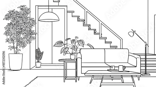 Modern living room interior with staircase and plants. Minimalist line art outline illustration, perfect for coloring or architectural design.
