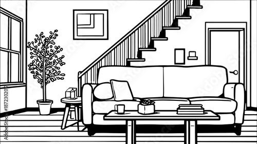 Black and white line art illustration of a cozy living room with a couch, coffee table, houseplant, and staircase in a home interior.