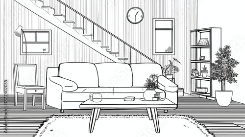 Detailed Line Art Drawing of Modern Living Room Interior. Minimalist Sketch with Sofa, Stairs, and Contemporary Home Furniture.