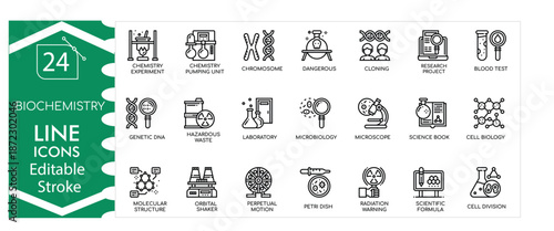 Biochemistry icons set, molecules, DNA, protein, chemical reactions, laboratory, science, experiment, research, molecular biology, education, professional design editable stroke vector Illustration 
