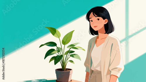 Woman with potted plant by window