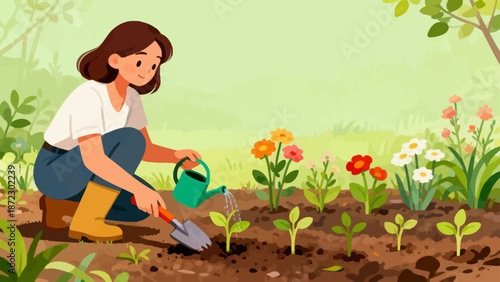 Woman gardening with flowers and plants
