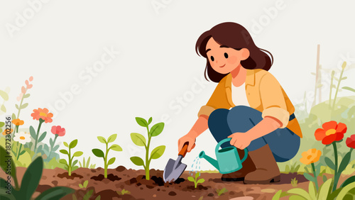Woman gardening with plants and flowers