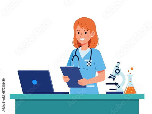 Female doctor with laptop and clipboard