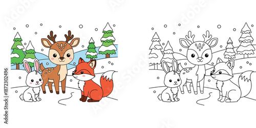 Cute animals in winter forest coloring book page vector illustration. Deer, rabbit, and fox cartoon character outline for kids activity and education.