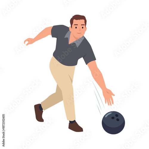 Adult man throwing a bowling ball, representing leisure activity, sports hobby. Flat vector illustration isolated on white background