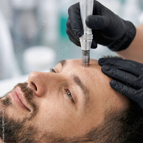 Man receiving microneedling skin treatment on forehead with pen in aesthetic clinic