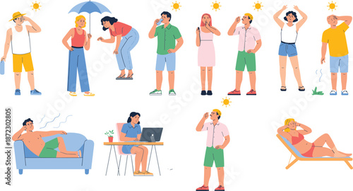 Hot weather people sweating, summer heatwave illustration, cartoon characters feeling hot, staying cool, drinking water, using fans, sun protection, vector art