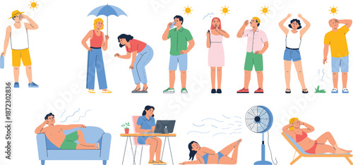 Hot weather summer heatwave, people staying cool, hydration, sun protection, relaxation, cooling methods, outdoors illustration