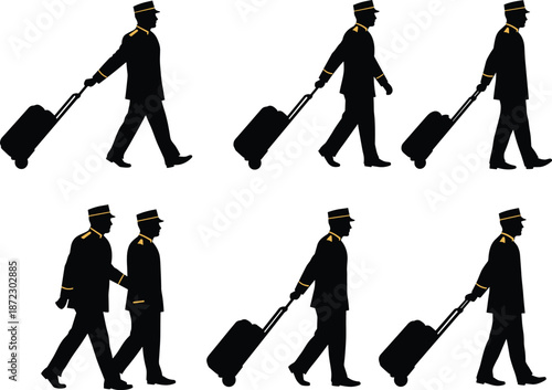 Hotel bellhop walking with suitcase, luggage porter silhouette sequence, travel service staff, uniformed worker motion study, hospitality industry concept illustration
