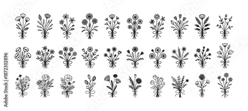 Flower doodle vector set. wildflower, poppy, peony, eucalyptus, flower wild plant. vector illustration eps 10