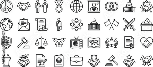 International relations line icons set, diplomacy politics peace law symbols, global cooperation concepts, minimal outline style, cad drawing flat vector illustration
