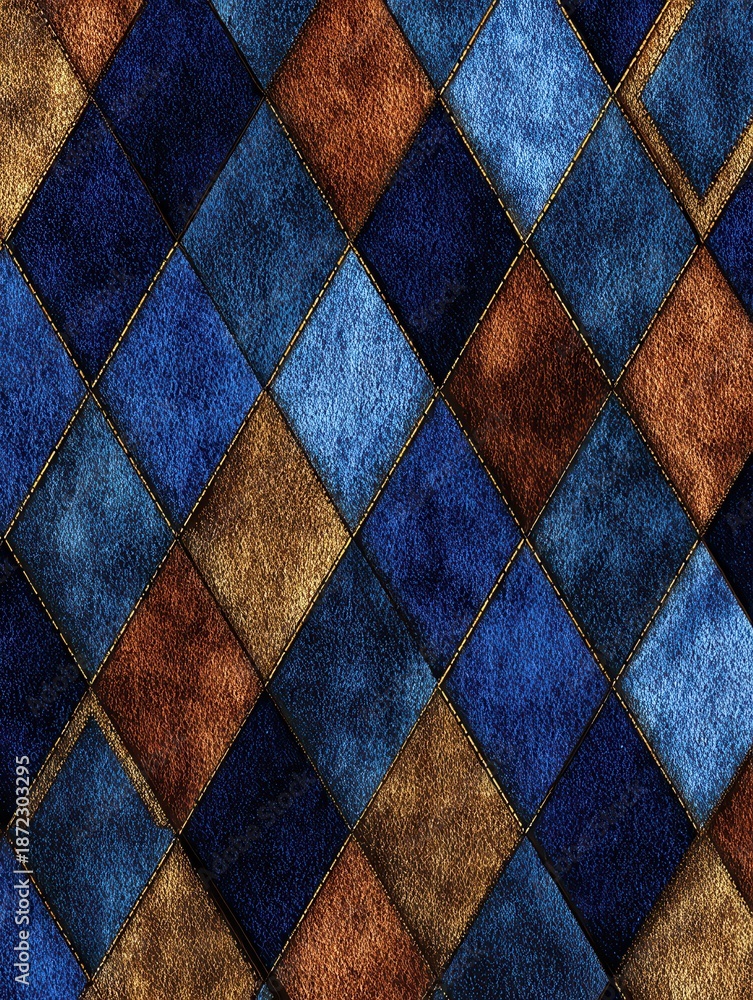 Fototapeta premium Luxurious diamond pattern texture featuring deep sapphire blues rich earthy browns and shimmering gold stitching creating an opulent background surface