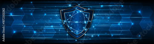 Abstract technology shield symbol with circuit board. Cyber ​​privacy and data protection concept. Modern security technology innovation background.