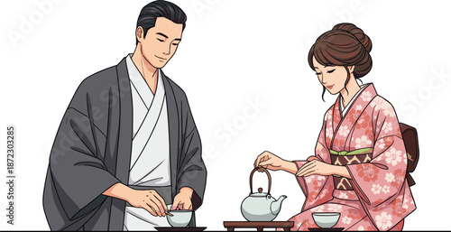 Japanese tea ceremony illustration, traditional kimono attire, cultural heritage ritual, mindfulness practice, Zen lifestyle, harmony, respect, peace, tradition, celebration, artwork