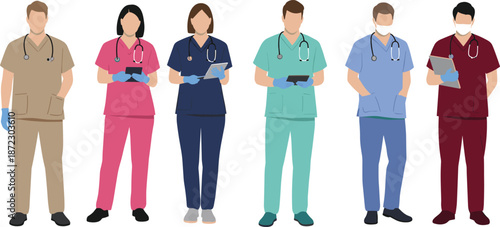 Medical professionals vector illustration, diverse healthcare workers in scrubs, holding tablets, clipboards, stethoscopes, standing in line, hospital team concept, isolated design