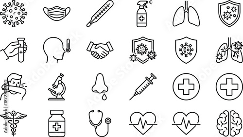 Medical virus and healthcare protection line art icon set featuring immunity, symptoms, vaccination, prevention symbols, clinical diagnostics, cad drawing flat vector illustration