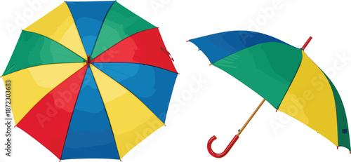 Colorful umbrella set showing top and side views isolated on white background bright weather protection vector illustration