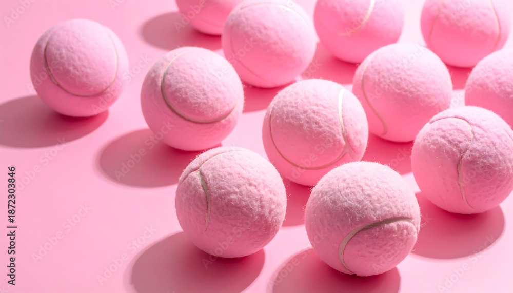 Obraz premium A collection of pink tennis balls arranged on a pink surface, casting soft shadows.