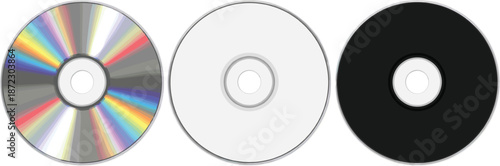 Compact disc set with holographic silver blank and black surfaces isolated on white background digital media vector illustration