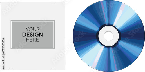 Compact disc packaging mockup with blue reflective CD and customizable paper sleeve isolated on white background vector illustration