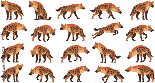 Foto Spotted hyena character set with multiple walking running sitting poses wild Afr