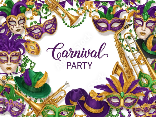 Vibrant mardi gras carnival party invitation with masks and trumpets