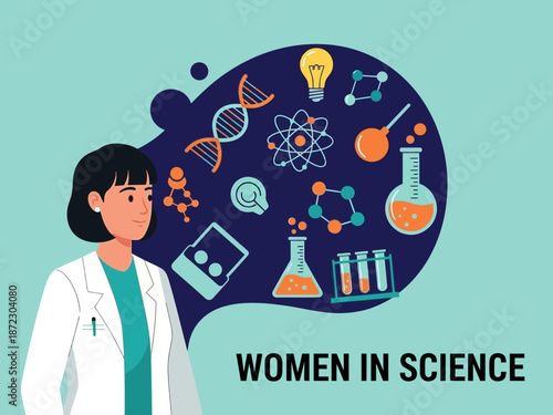 Illustration of woman in science with various symbols and icons