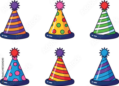 Cute cartoon party hats set with bright stripes and polka dot patterns isolated on white background playful vector illustration
