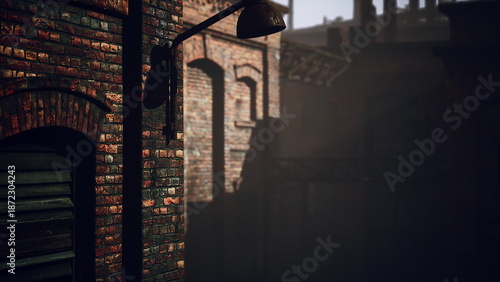 Fotografie A narrow alleyway reveals rustic brick walls adorned with shadows