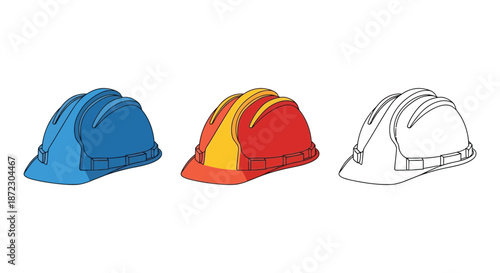 A collection of industrial safety helmets in various colors and designs
