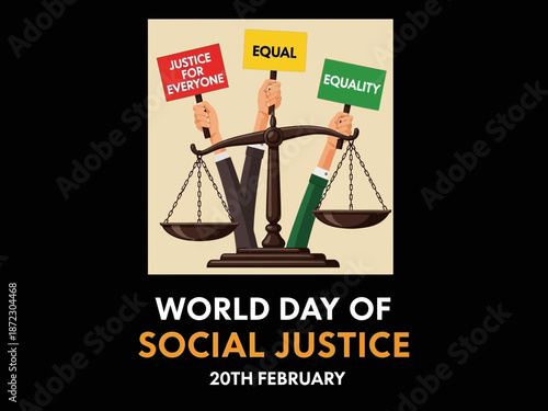 World day of social justice illustration with colorful signs and scales