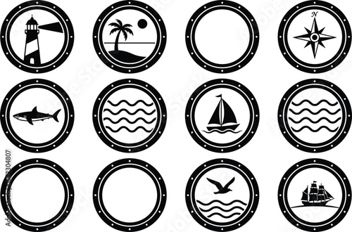 Nautical icons, marine silhouettes, sea elements, compass, lighthouse, sailboat, shark, island, waves, bird, ship, porthole, ocean, navigation, tropical, 