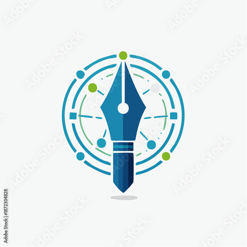 Blue pen nib icon symbolizing creativity and education within a circular abstract tech design, in bright studio.