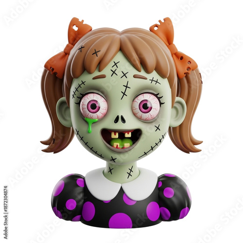 Cartoon zombie girl with green skin and purple polka dots isolated on transparent background