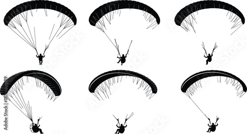 Paragliding silhouettes, canopy, harness, powered paraglider, flying posture, black vector, flat illustration, adventure, extreme sport, outdoor, sky, motion, 