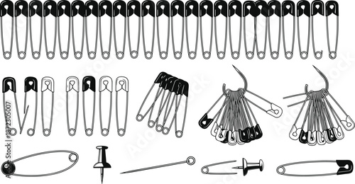 Safety pins, push pins, silhouettes, fastening tools, sewing, crafting, office supplies, black vector, flat illustration, icon set, design, open, closed, grouped, 