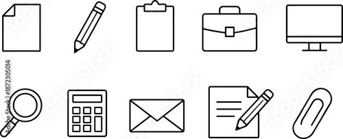 Office and work icons set. Documents, stationery, planning, productivity and business workspace outline symbols