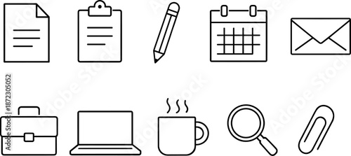 Office and work icons set. Documents, stationery, planning, productivity and business workspace outline symbols