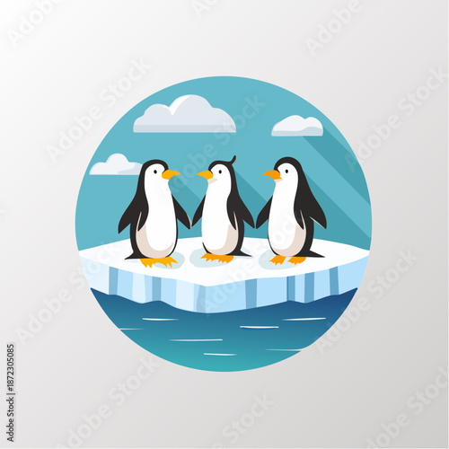 Three cute penguins standing together on an ice floe in the ocean with clouds above, in bright studio.